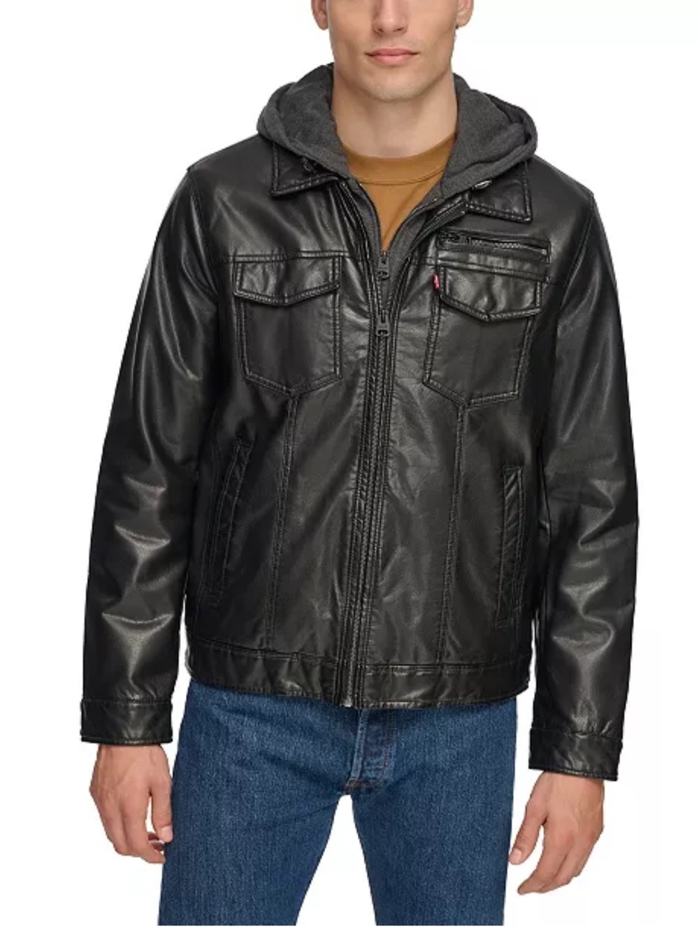 Levi's Men's Dark Brown Faux Leather Bomber Jacket‎ Grey Fleece Hood Sherpa 3XLT